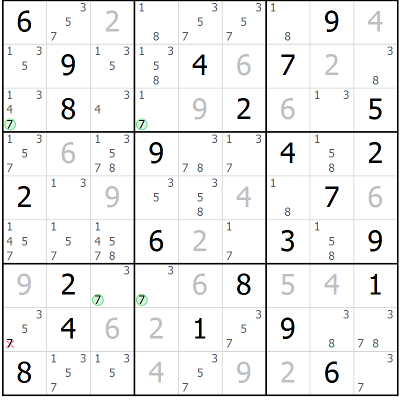 Position des candidats pour la solution de la Gr 54 page 57 du magazine de sudoku Sudoku Suprême n° 037