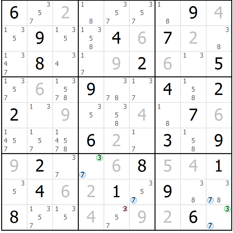 Position des candidats pour la solution de la Gr 54 page 57 du magazine de sudoku Sudoku Suprême n° 037