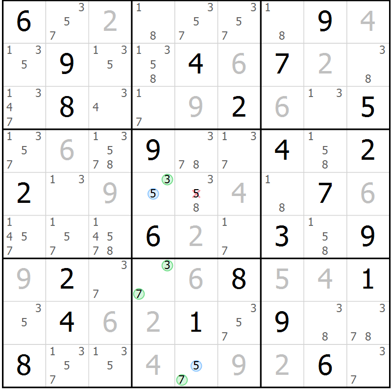 Position des candidats pour la solution de la Gr 54 page 57 du magazine de sudoku Sudoku Suprême n° 037