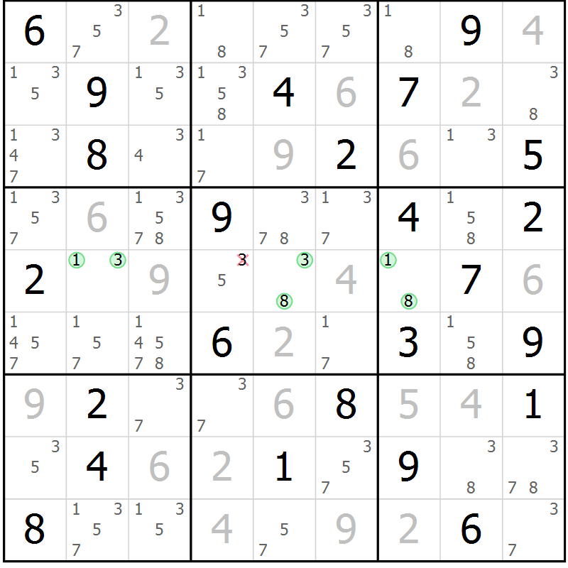 Position des candidats pour la solution de la Gr 54 page 57 du magazine de sudoku Sudoku Suprême n° 037
