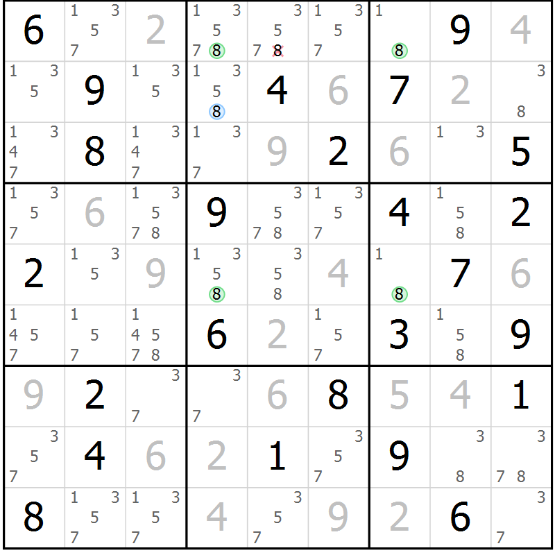 Position des candidats pour la solution de la Gr 54 page 57 du magazine de sudoku Sudoku Suprême n° 037