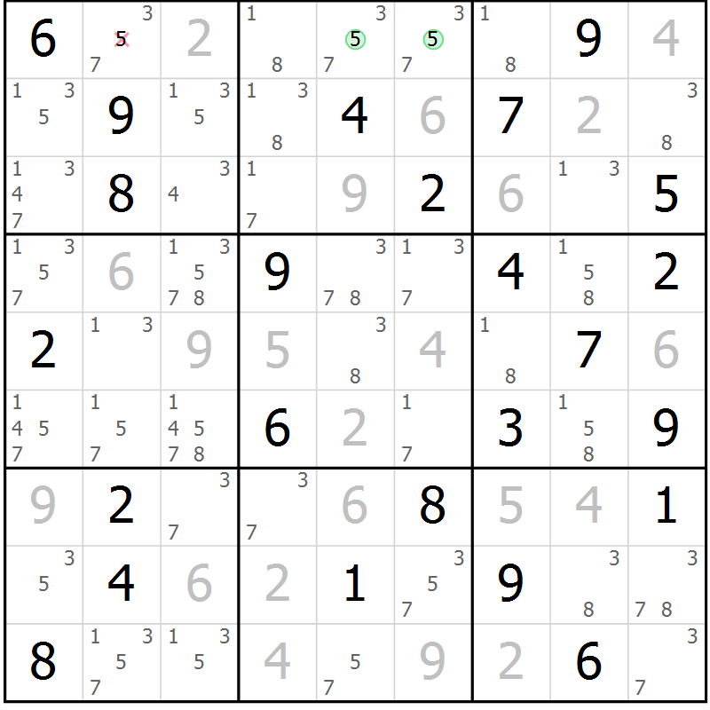 Position des candidats pour la solution de la Gr 54 page 57 du magazine de sudoku Sudoku Suprême n° 037