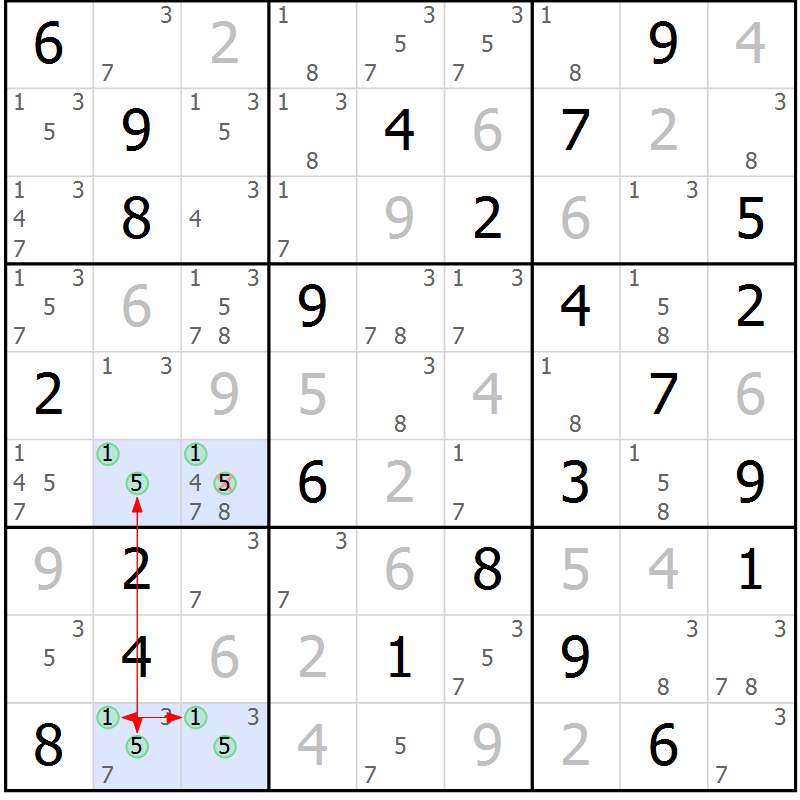 Position des candidats pour la solution de la Gr 54 page 57 du magazine de sudoku Sudoku Suprême n° 037