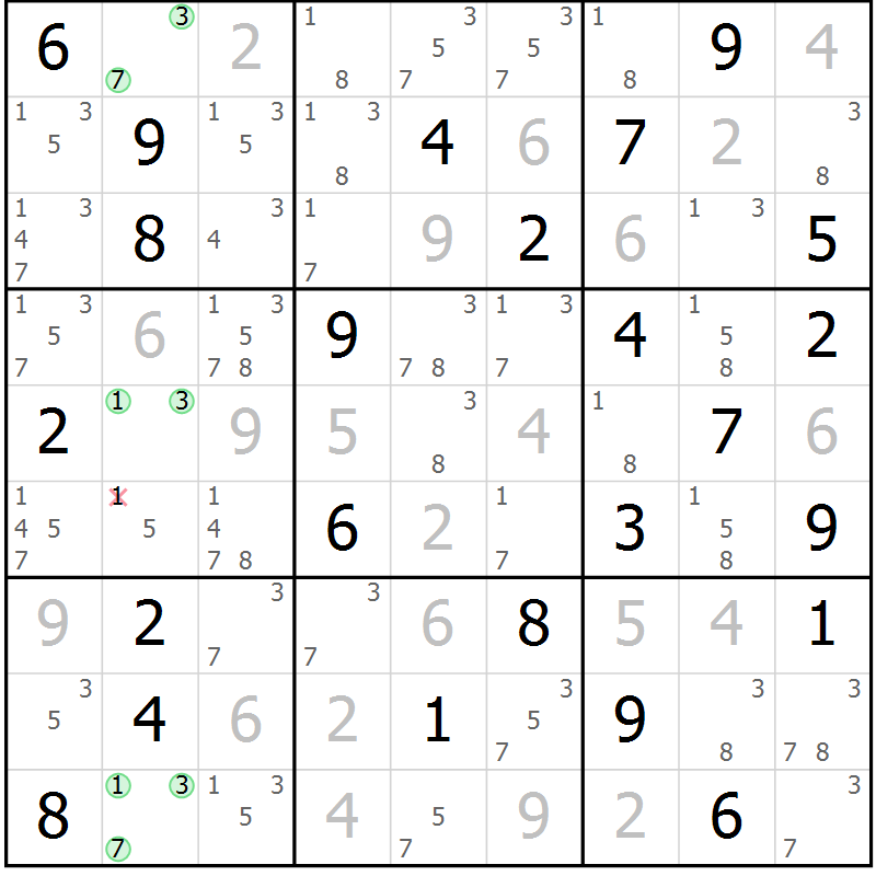 Position des candidats pour la solution de la Gr 54 page 57 du magazine de sudoku Sudoku Suprême n° 037