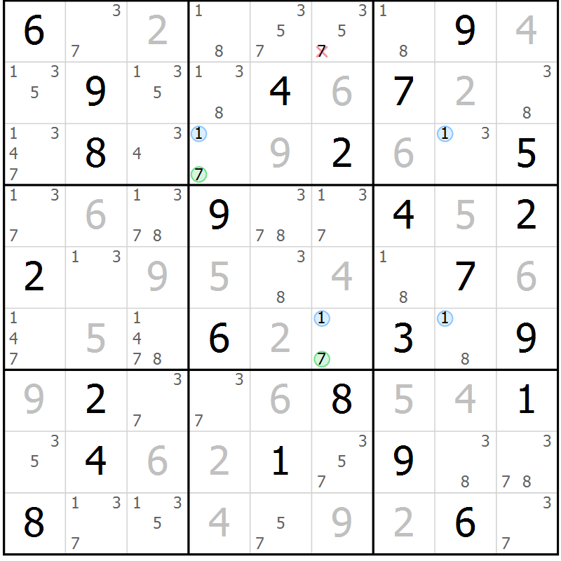 Position des candidats pour la solution de la Gr 54 page 57 du magazine de sudoku Sudoku Suprême n° 037