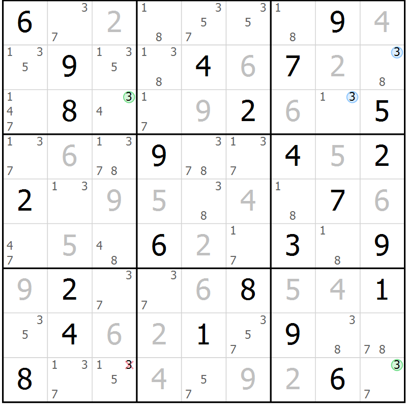 Position des candidats pour la solution de la Gr 54 page 57 du magazine de sudoku Sudoku Suprême n° 037
