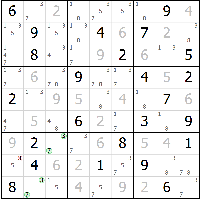 Position des candidats pour la solution de la Gr 54 page 57 du magazine de sudoku Sudoku Suprême n° 037