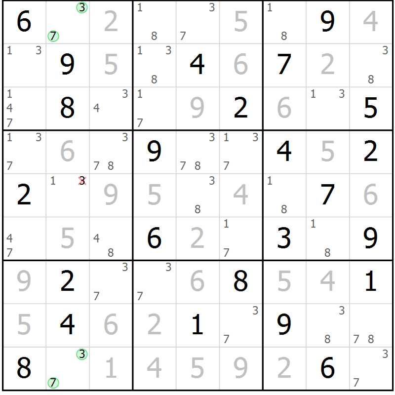 Position des candidats pour la solution de la Gr 54 page 57 du magazine de sudoku Sudoku Suprême n° 037