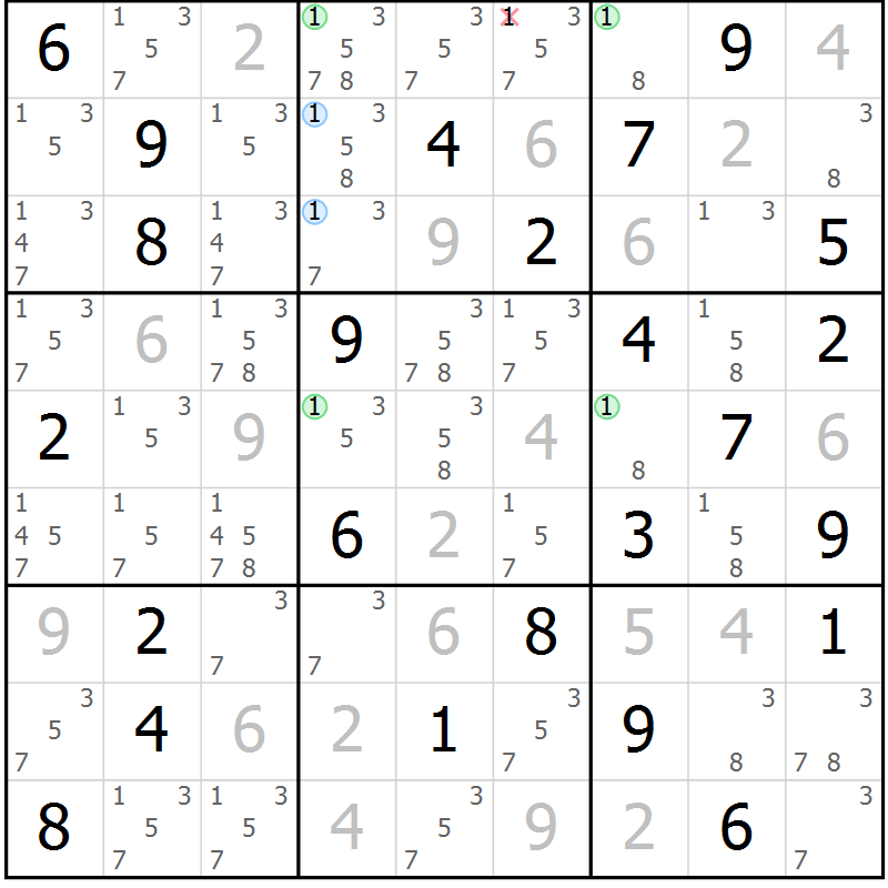 Position des candidats pour la solution de la Gr 54 page 57 du magazine de sudoku Sudoku Suprême n° 037
