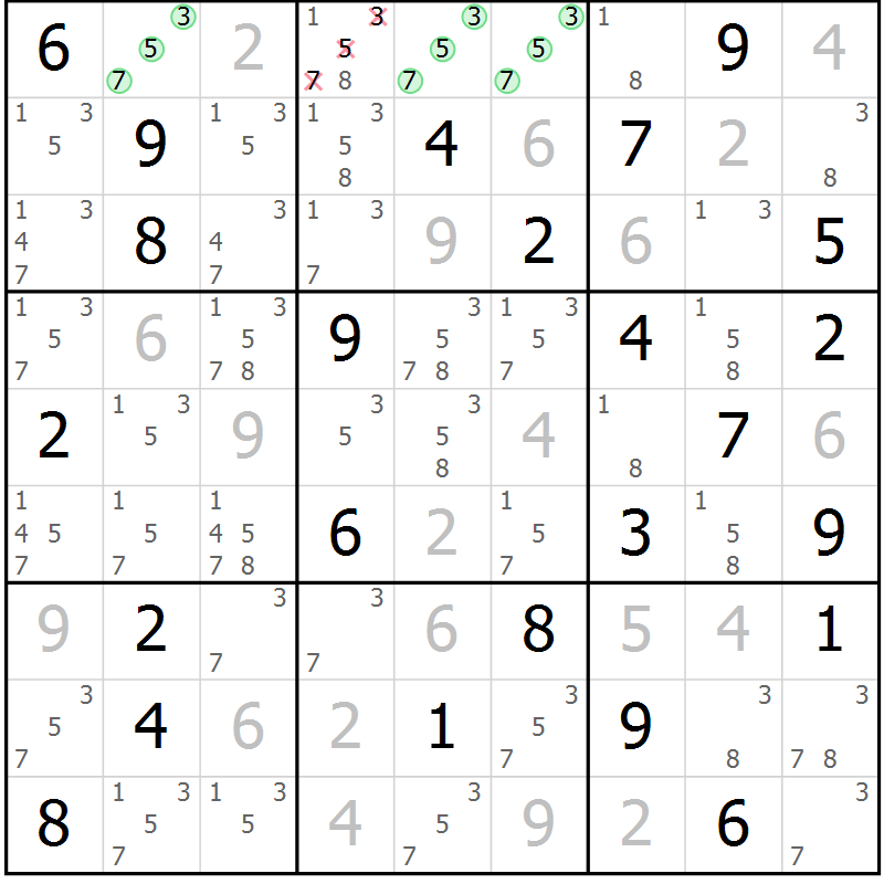 Position des candidats pour la solution de la Gr 54 page 57 du magazine de sudoku Sudoku Suprême n° 037