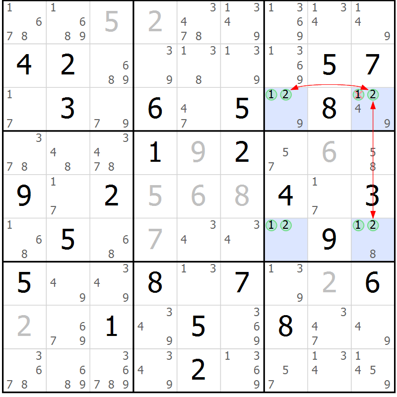 Position des candidats pour la solution de la Gr 55 page 58 du magazine de sudoku Sudoku Suprême n° 037