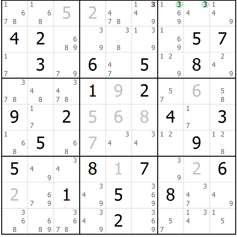 Position des candidats pour la solution de la Gr 55 page 58 du magazine de sudoku Sudoku Suprême n° 037