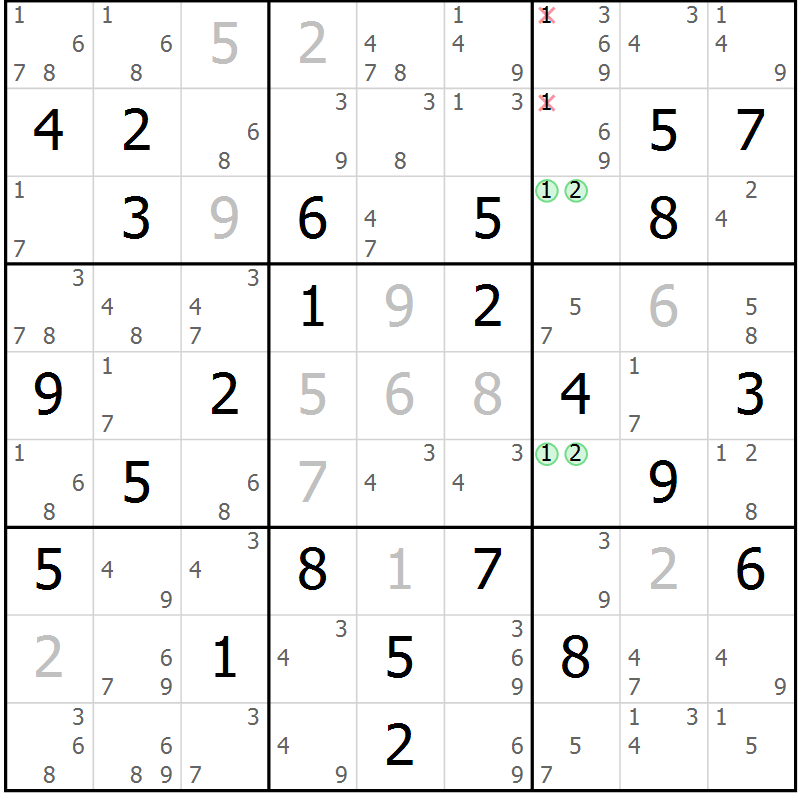 Position des candidats pour la solution de la Gr 55 page 58 du magazine de sudoku Sudoku Suprême n° 037