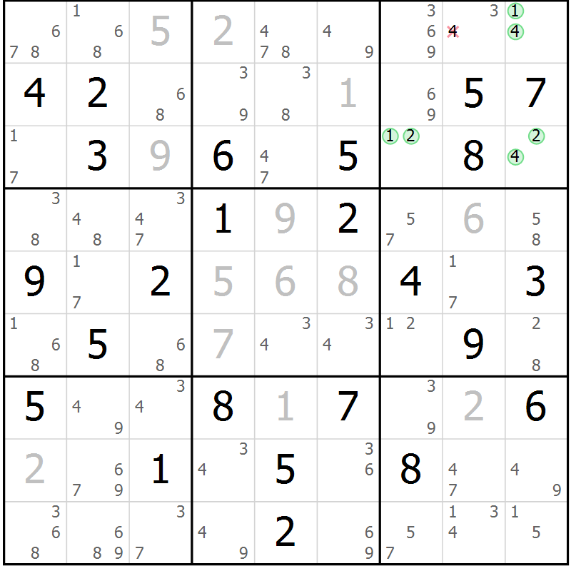 Position des candidats pour la solution de la Gr 55 page 58 du magazine de sudoku Sudoku Suprême n° 037