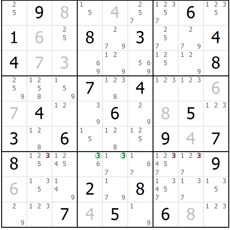 Position des candidats pour la solution de la Gr 56 page 59 du magazine de sudoku Sudoku Suprême n° 037