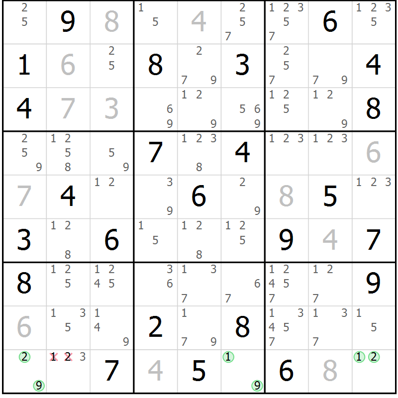 Position des candidats pour la solution de la Gr 56 page 59 du magazine de sudoku Sudoku Suprême n° 037