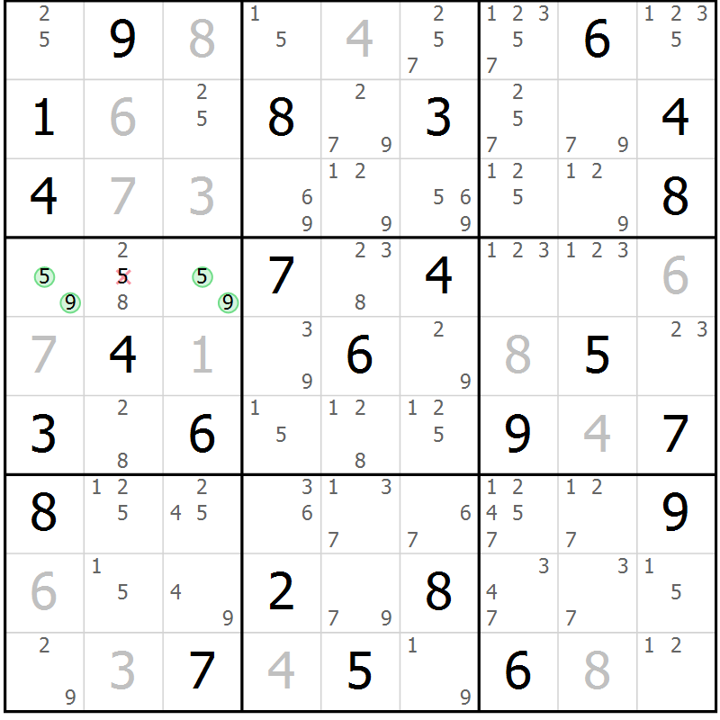 Position des candidats pour la solution de la Gr 56 page 59 du magazine de sudoku Sudoku Suprême n° 037