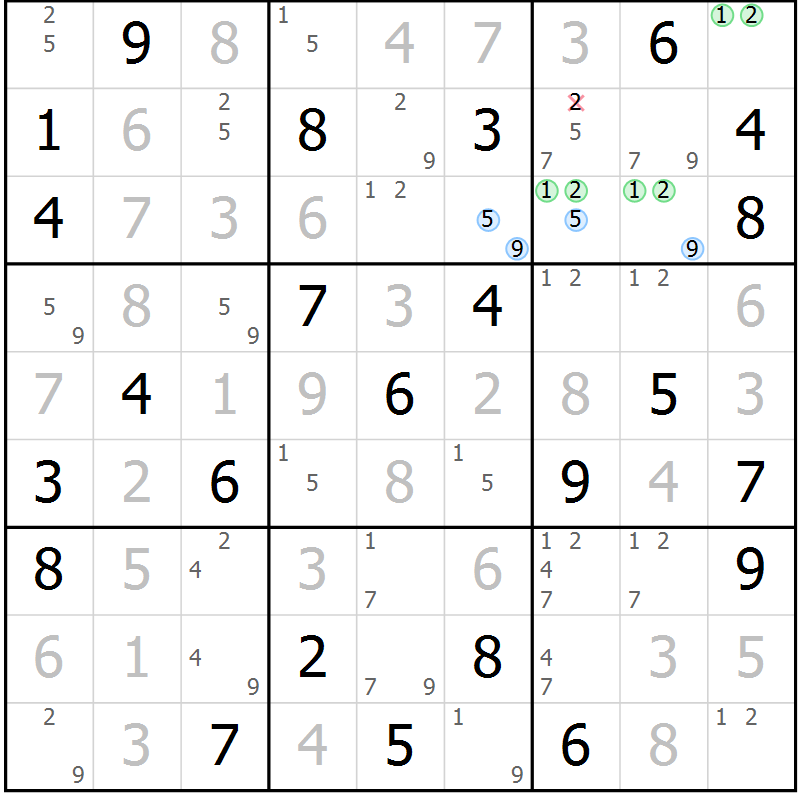 Position des candidats pour la solution de la Gr 56 page 59 du magazine de sudoku Sudoku Suprême n° 037