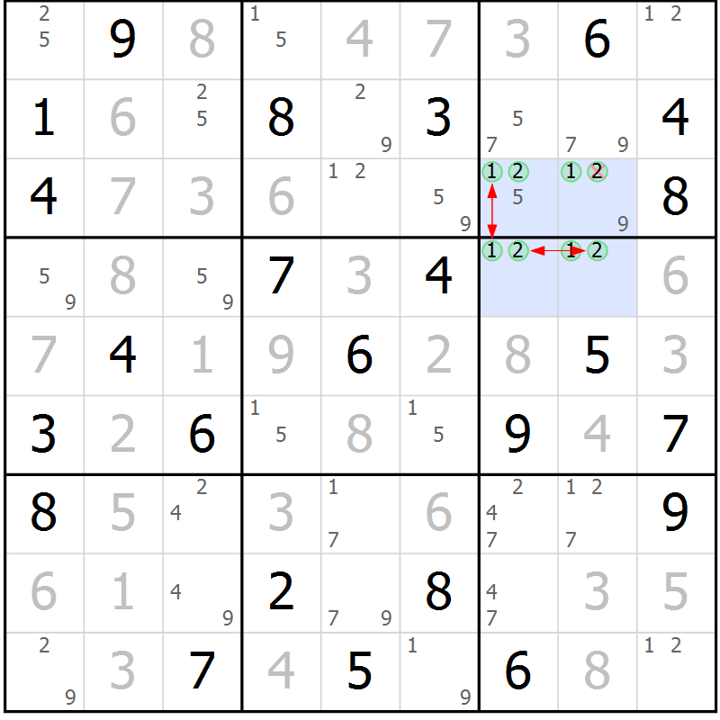 Position des candidats pour la solution de la Gr 56 page 59 du magazine de sudoku Sudoku Suprême n° 037