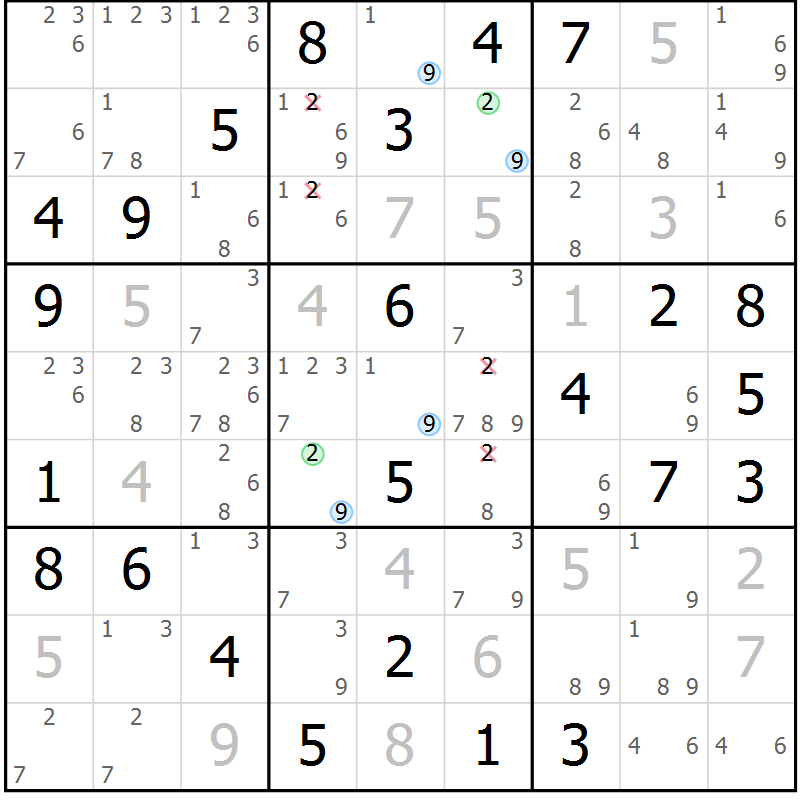 Position des candidats pour la solution de la Gr 58 page 61 du magazine de sudoku Sudoku Suprême n° 037