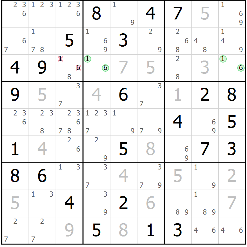 Position des candidats pour la solution de la Gr 58 page 61 du magazine de sudoku Sudoku Suprême n° 037