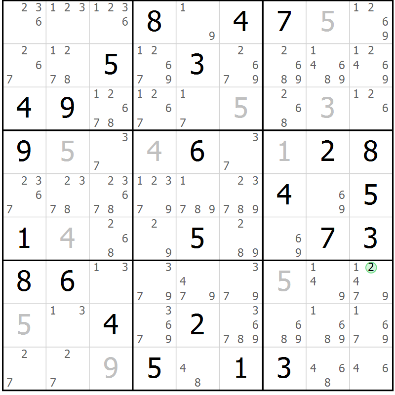Position des candidats pour la solution de la Gr 58 page 61 du magazine de sudoku Sudoku Suprême n° 037