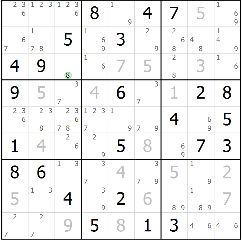 Position des candidats pour la solution de la Gr 58 page 61 du magazine de sudoku Sudoku Suprême n° 037