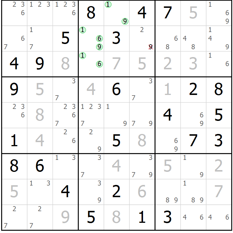 Position des candidats pour la solution de la Gr 58 page 61 du magazine de sudoku Sudoku Suprême n° 037