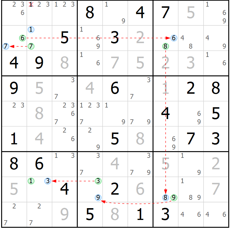 Position des candidats pour la solution de la Gr 58 page 61 du magazine de sudoku Sudoku Suprême n° 037