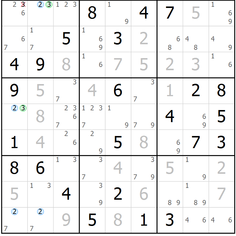 Position des candidats pour la solution de la Gr 58 page 61 du magazine de sudoku Sudoku Suprême n° 037