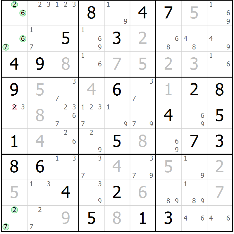 Position des candidats pour la solution de la Gr 58 page 61 du magazine de sudoku Sudoku Suprême n° 037