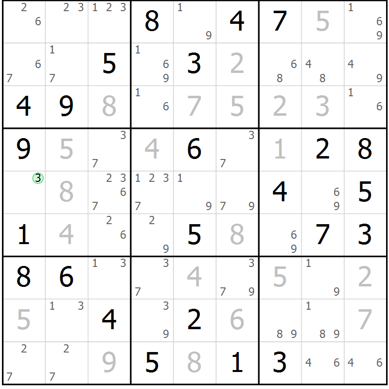 Position des candidats pour la solution de la Gr 58 page 61 du magazine de sudoku Sudoku Suprême n° 037