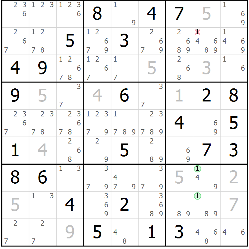 Position des candidats pour la solution de la Gr 58 page 61 du magazine de sudoku Sudoku Suprême n° 037