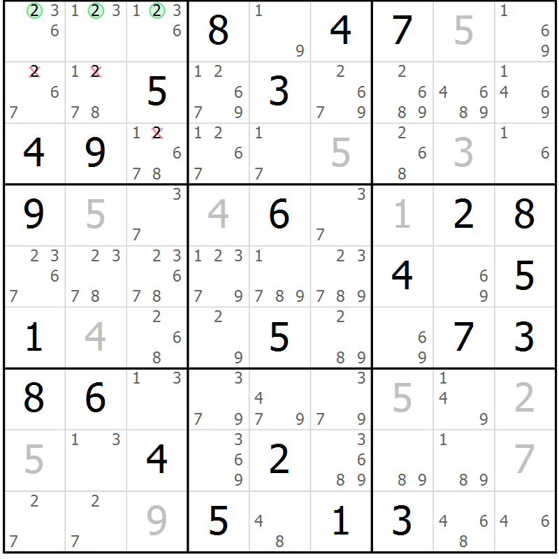 Position des candidats pour la solution de la Gr 58 page 61 du magazine de sudoku Sudoku Suprême n° 037