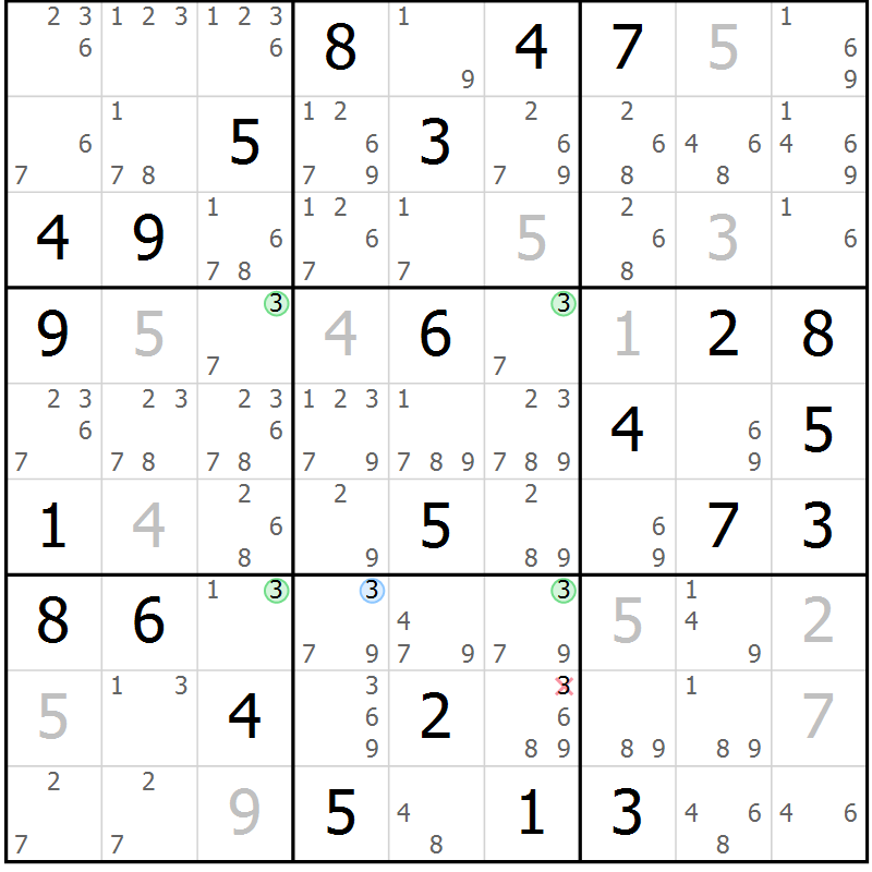 Position des candidats pour la solution de la Gr 58 page 61 du magazine de sudoku Sudoku Suprême n° 037