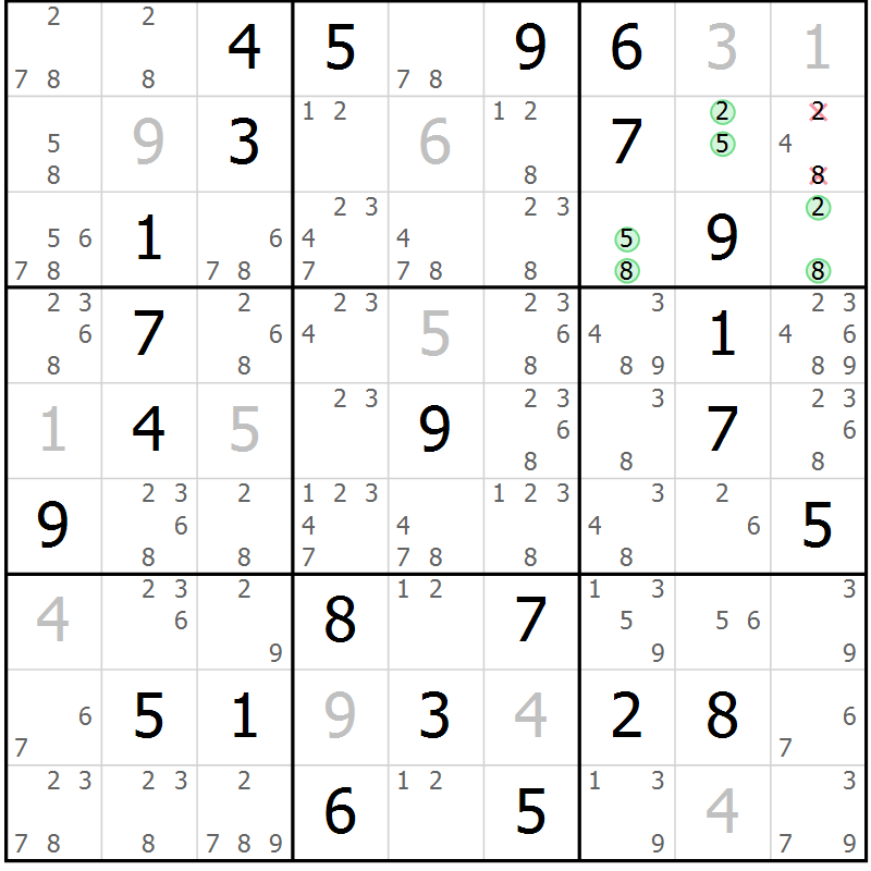 Position des candidats pour la solution de la Gr 59 page 62 du magazine de sudoku Sudoku Suprême n° 037