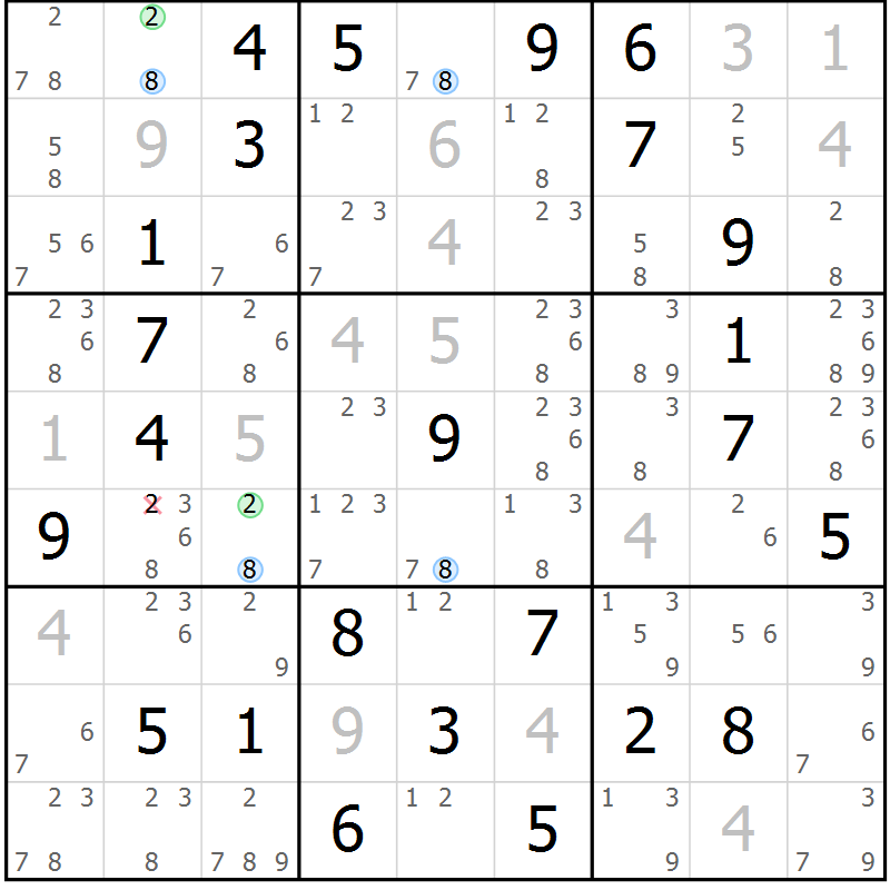 Position des candidats pour la solution de la Gr 59 page 62 du magazine de sudoku Sudoku Suprême n° 037