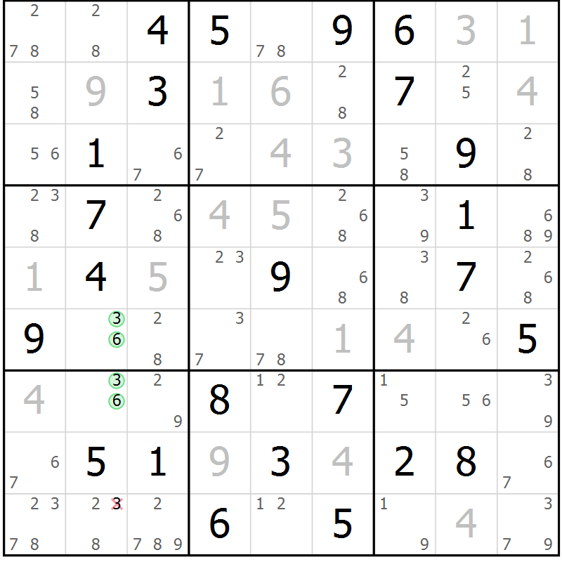 Position des candidats pour la solution de la Gr 59 page 62 du magazine de sudoku Sudoku Suprême n° 037