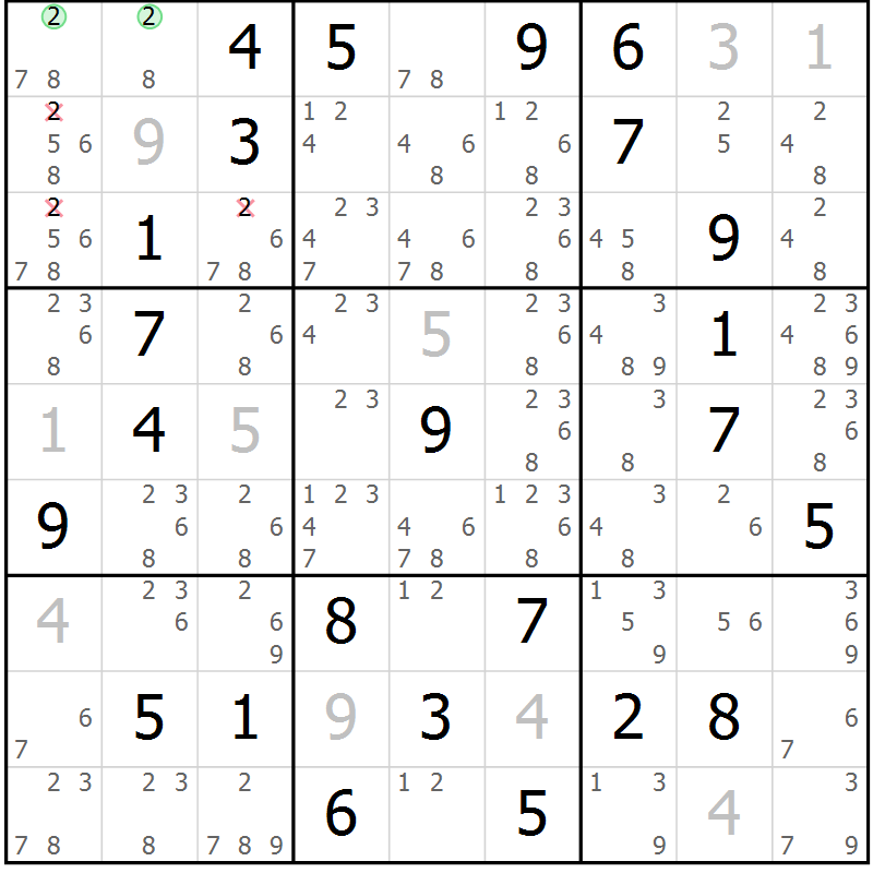 Position des candidats pour la solution de la Gr 59 page 62 du magazine de sudoku Sudoku Suprême n° 037