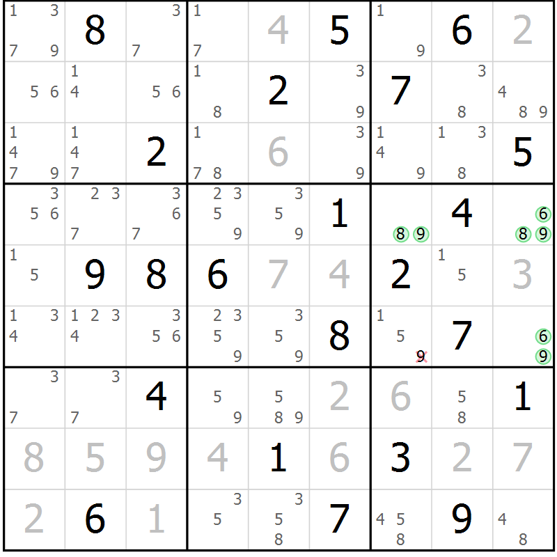 Position des candidats pour la solution de la Gr 6 page 9 du magazine de sudoku Sudoku Suprême n° 037