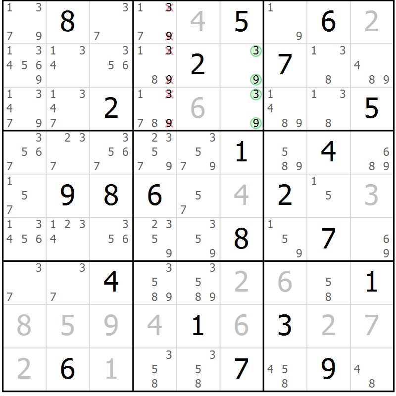 Position des candidats pour la solution de la Gr 6 page 9 du magazine de sudoku Sudoku Suprême n° 037