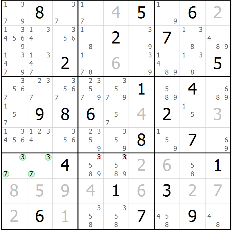 Position des candidats pour la solution de la Gr 6 page 9 du magazine de sudoku Sudoku Suprême n° 037