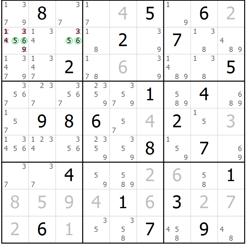 Position des candidats pour la solution de la Gr 6 page 9 du magazine de sudoku Sudoku Suprême n° 037