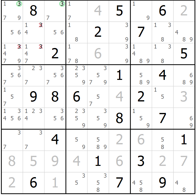 Position des candidats pour la solution de la Gr 6 page 9 du magazine de sudoku Sudoku Suprême n° 037