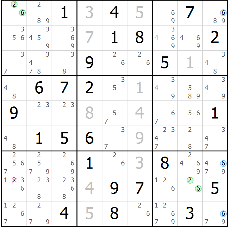 Position des candidats pour la solution de la Gr 60 page 63 du magazine de sudoku Sudoku Suprême n° 037