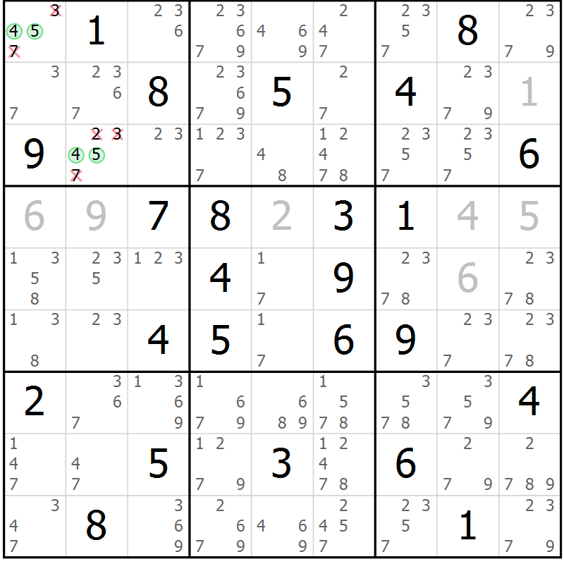 Position des candidats pour la solution de la Gr 61 page 64 du magazine de sudoku Sudoku Suprême n° 037