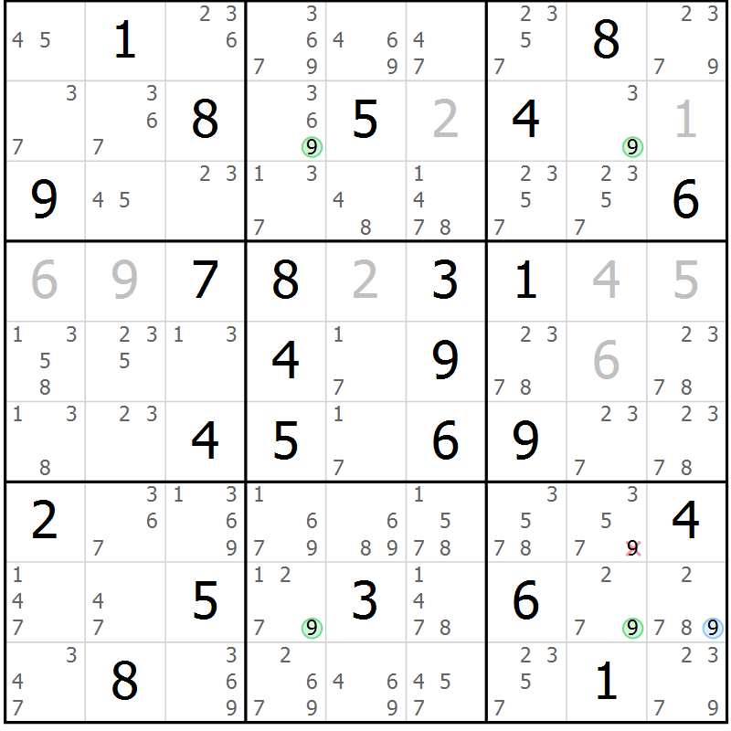 Position des candidats pour la solution de la Gr 61 page 64 du magazine de sudoku Sudoku Suprême n° 037