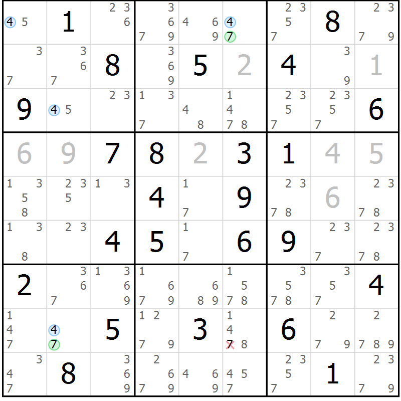Position des candidats pour la solution de la Gr 61 page 64 du magazine de sudoku Sudoku Suprême n° 037