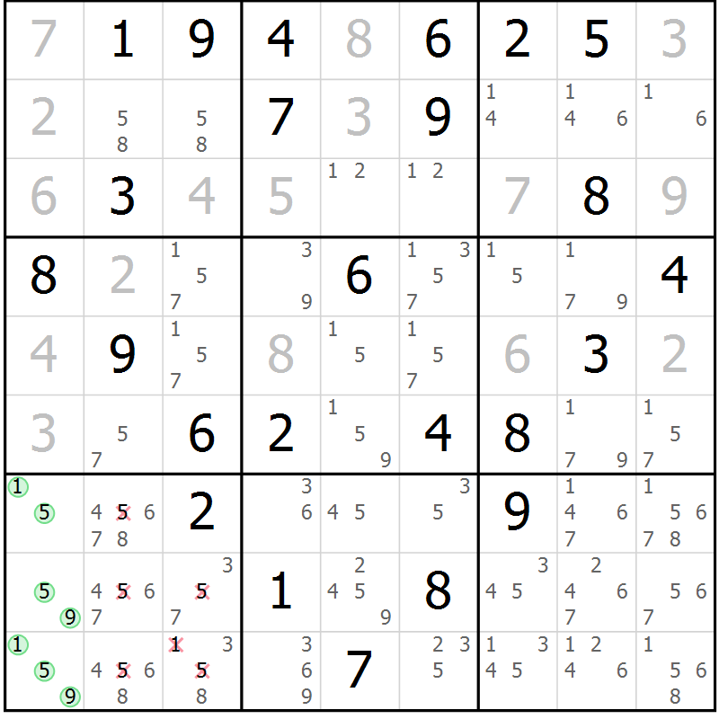 Position des candidats pour la solution de la Gr 63 page 66 du magazine de sudoku Sudoku Suprême n° 037