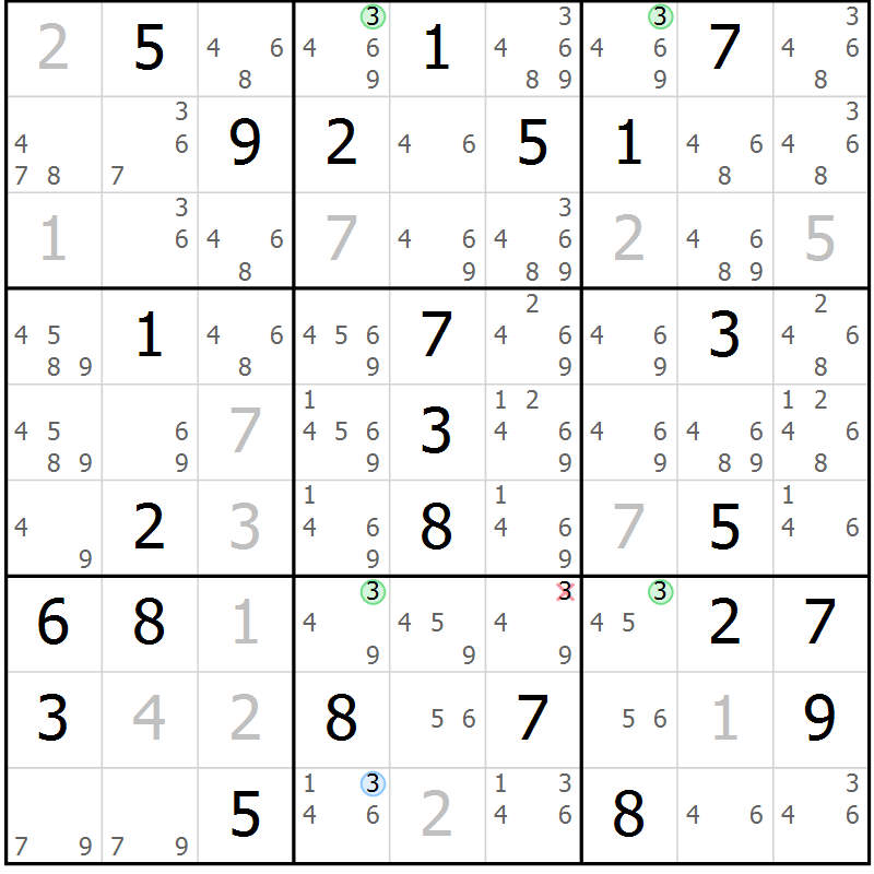 Position des candidats pour la solution de la Gr 65 page 68 du magazine de sudoku Sudoku Suprême n° 037